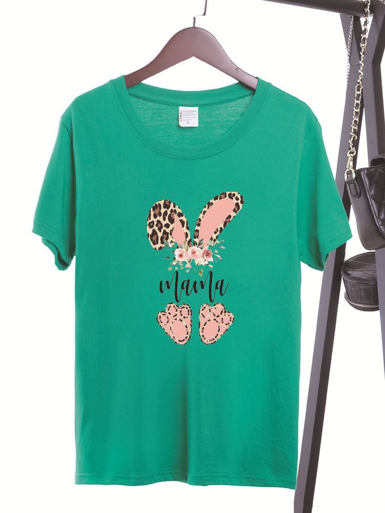 Easter Cartoon Bunny Leopard Floral Print Short Sleeve O neck T Shirt P1829954