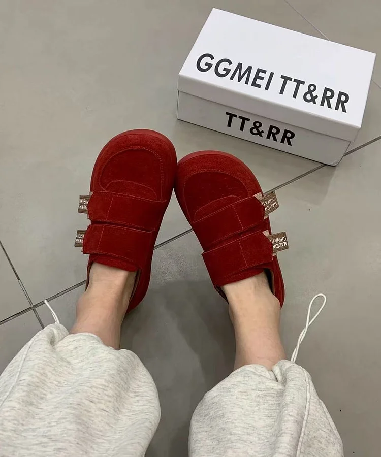 Red Flats Suede Women Splicing Velcro Strap For Women