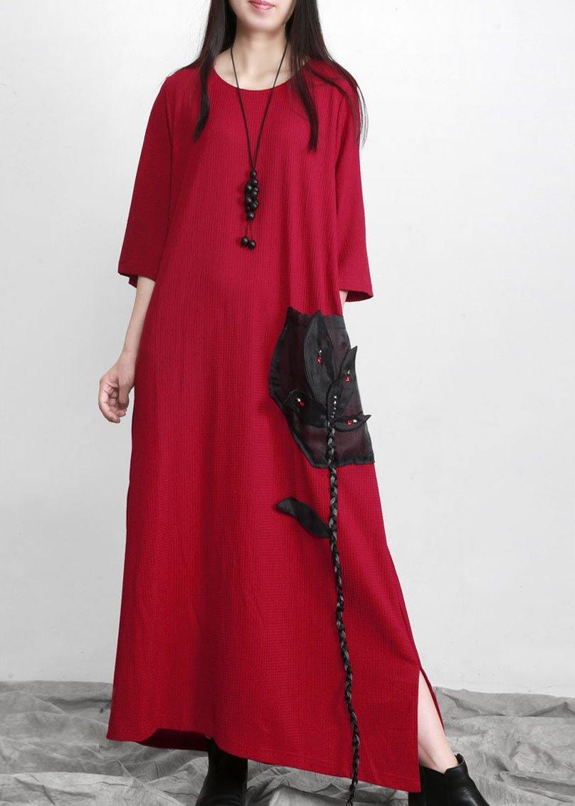 VCSHOES Red Patchwork Appliques Pockets Dress Fall