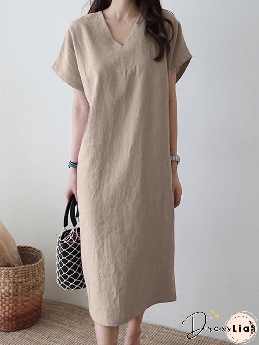 Solid V-neck Short Sleeve Dress For Women