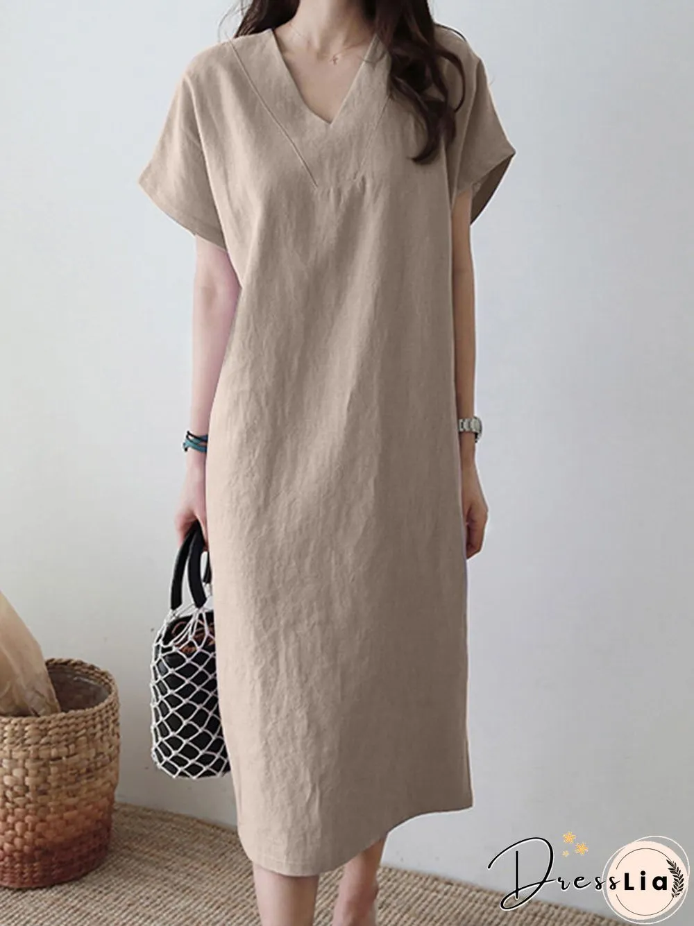 Solid V-neck Short Sleeve Dress For Women