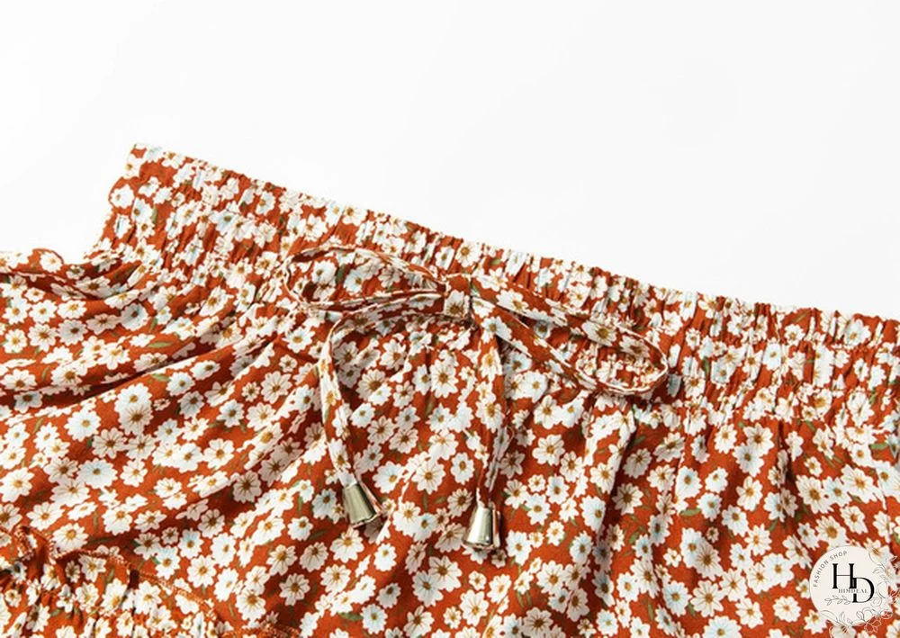 Women Fashion Casual Floral Short Skirts Summer High Waist Pleated Printed Beach Skirt