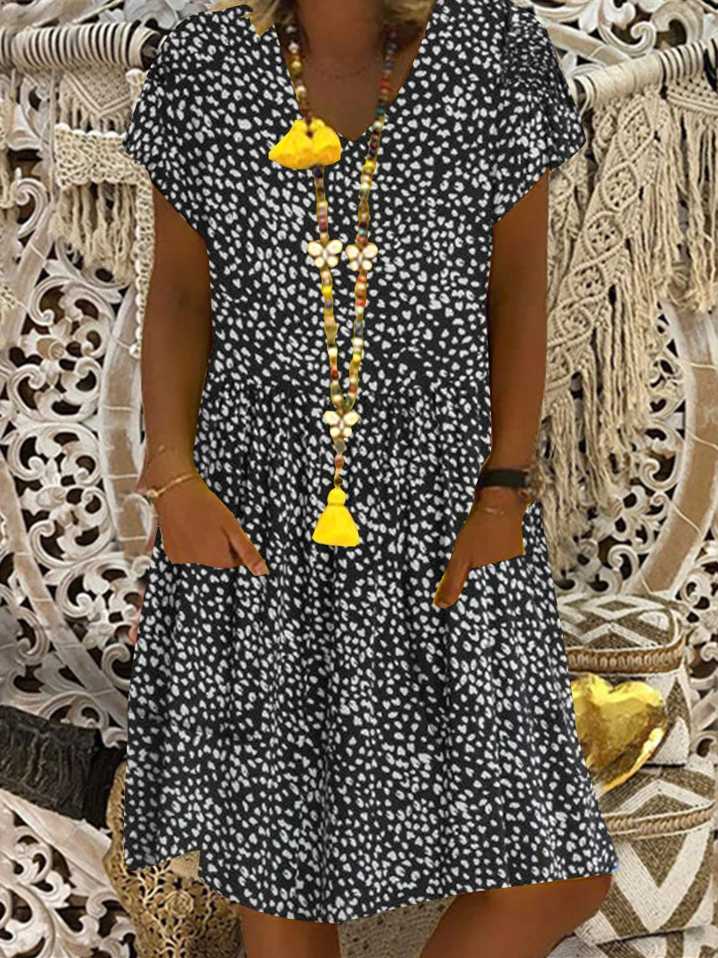 Women Short Sleeve V-neck Printed Graphic Pockets Midi Dress