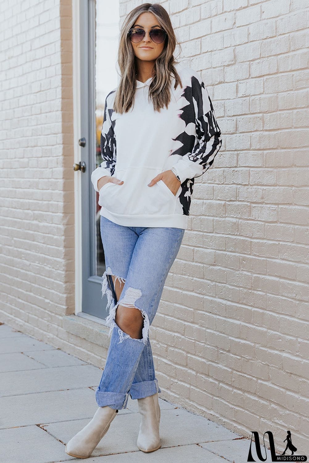 MidiSono - Contrast Dropped Shoulder Hoodie with Pocket