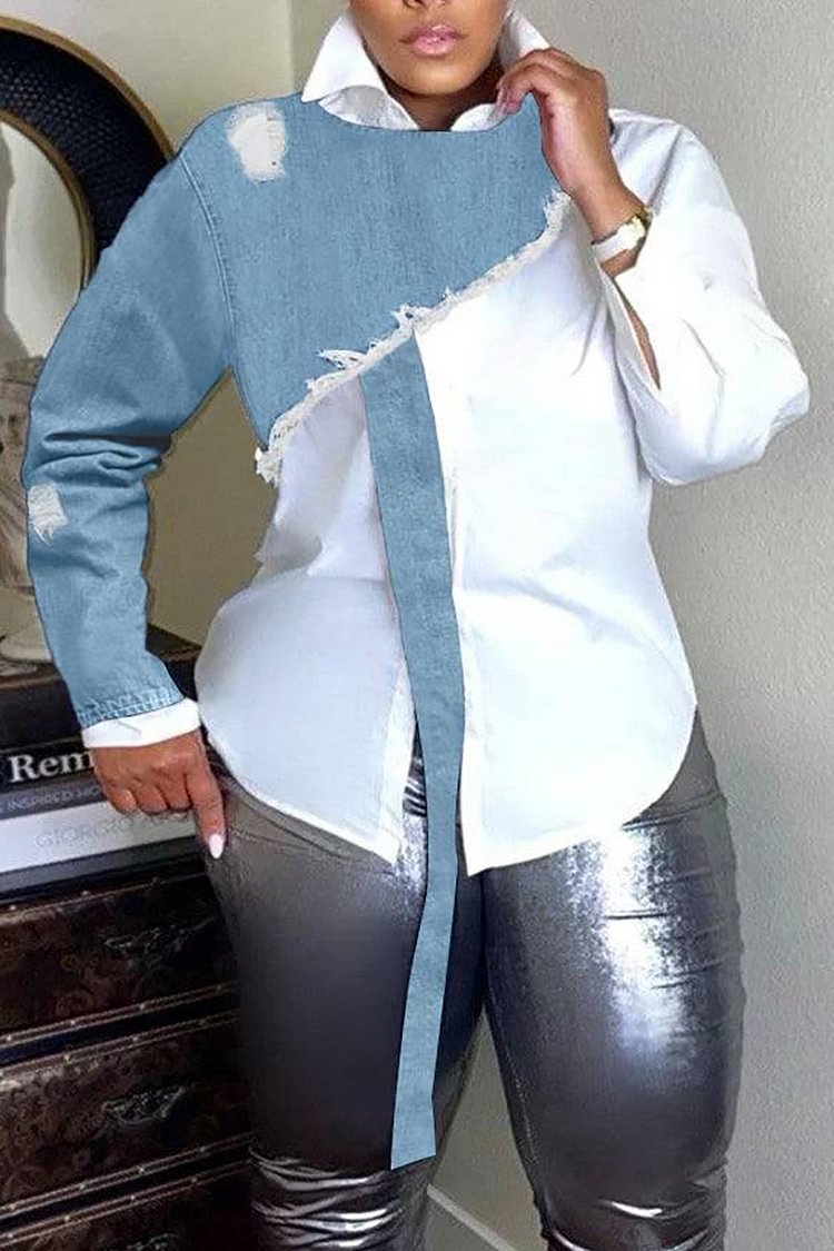 Xpluswear Plus Size Casual Button White Shirt With Half Arm Crop Denim Blouses [Pre-Order]