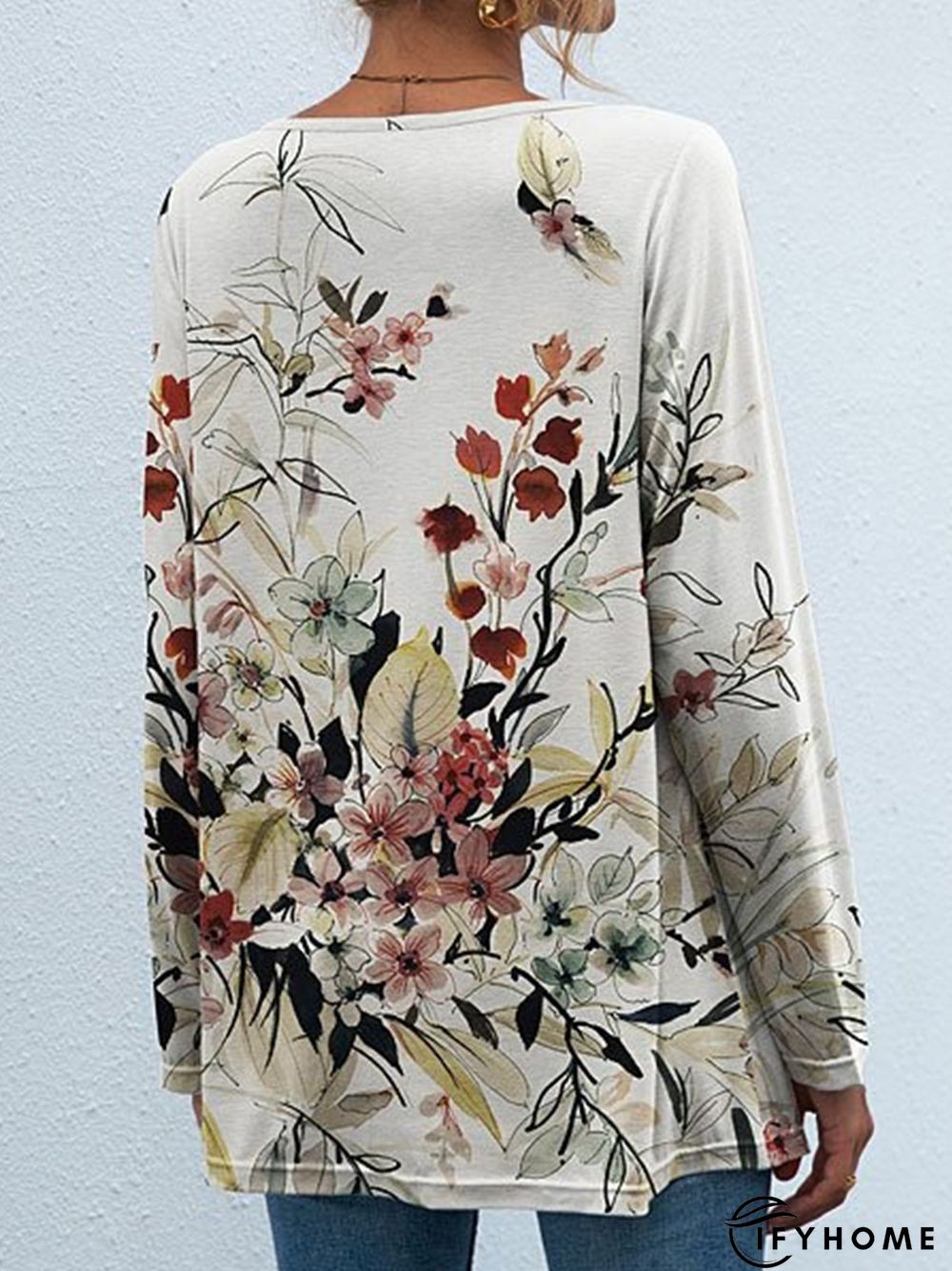 Floral Long Sleeve V Neck Casual Tunic T-Shirt | IFYHOME