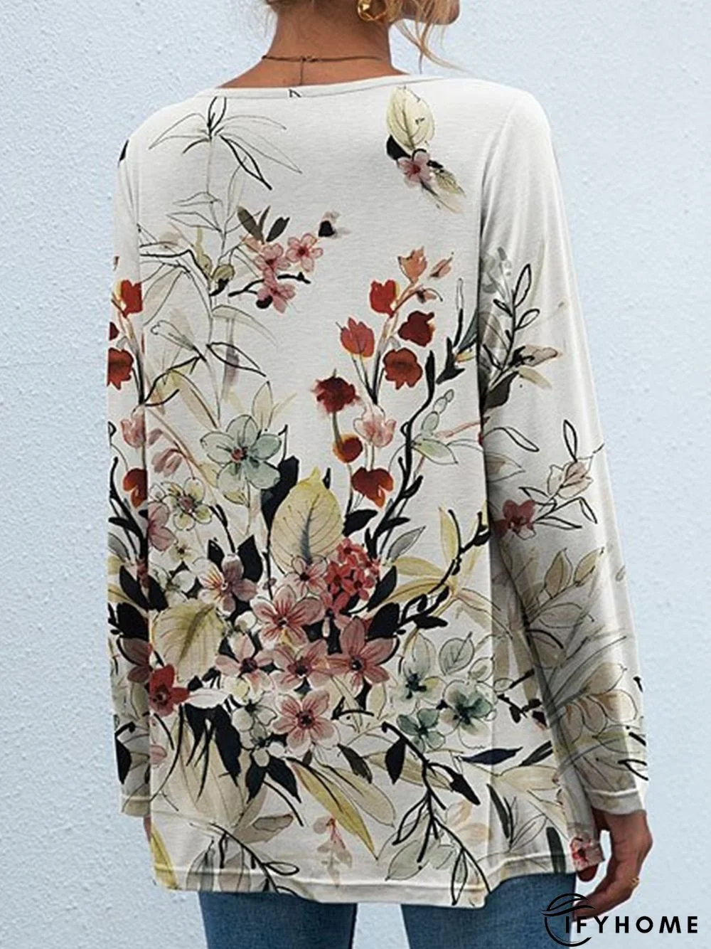 Floral Long Sleeve V Neck Casual Tunic T-Shirt | IFYHOME