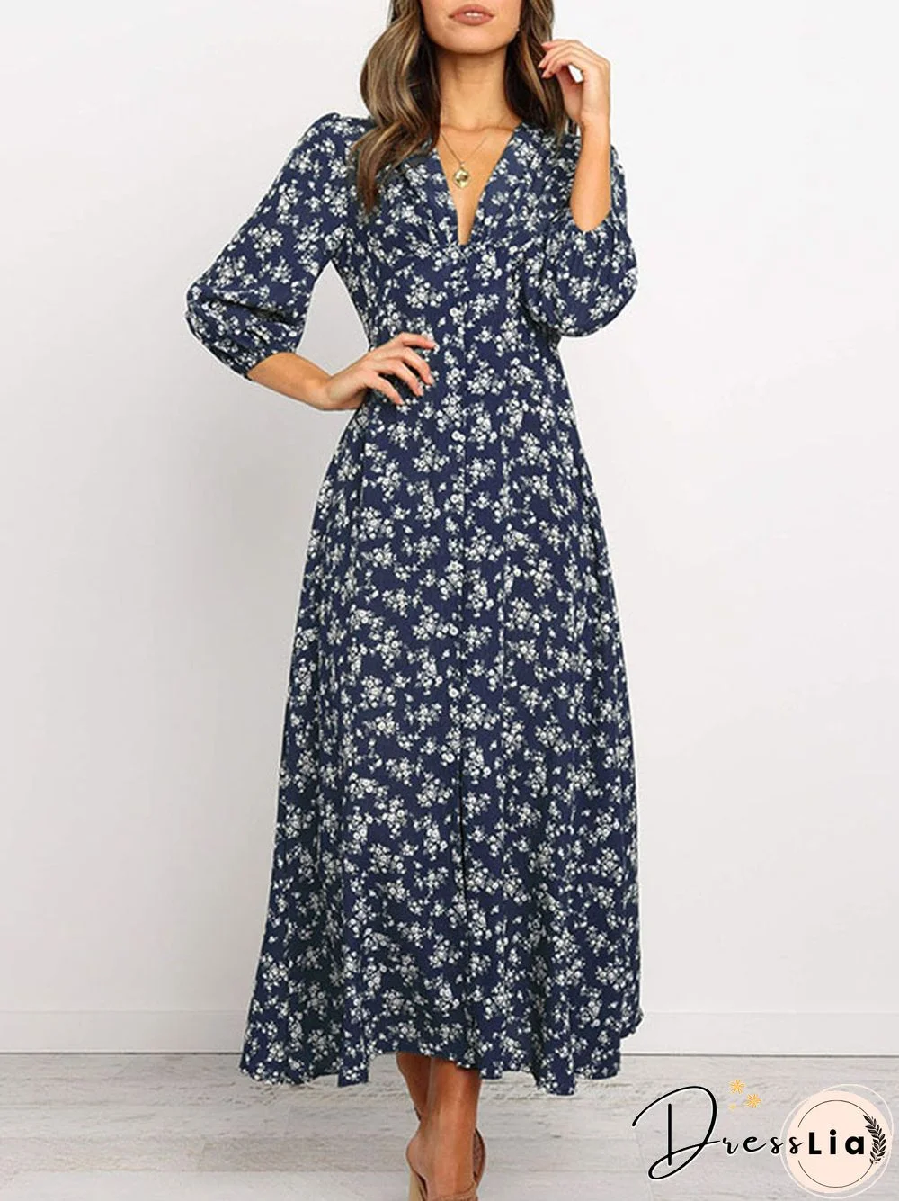 Women Chiffon Long Dress Floral Print Lantern Sleeve A-line Maxi Vestidos Autumn New Elegant Vintage V Neck Winter Dresses