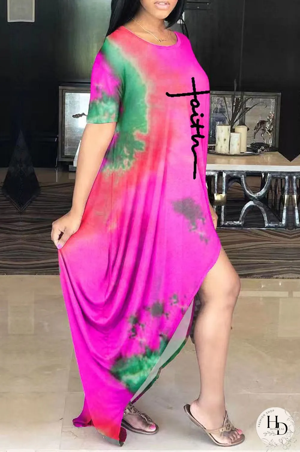 Purple Casual Print Tie-dye O Neck Short Sleeve Dress