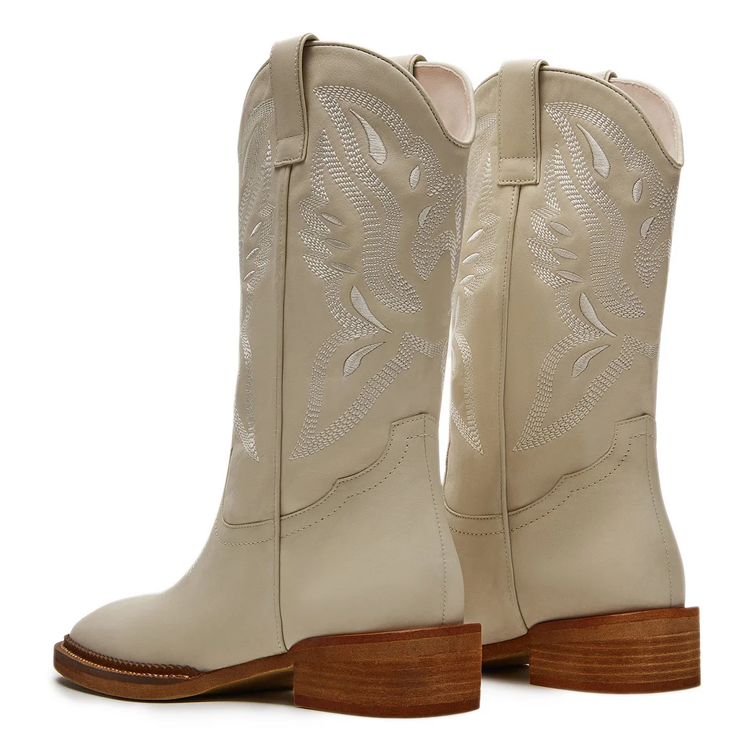 Vegan Leather Square Toe Embroidered Pull-On Cowgirl Boots in Ivory