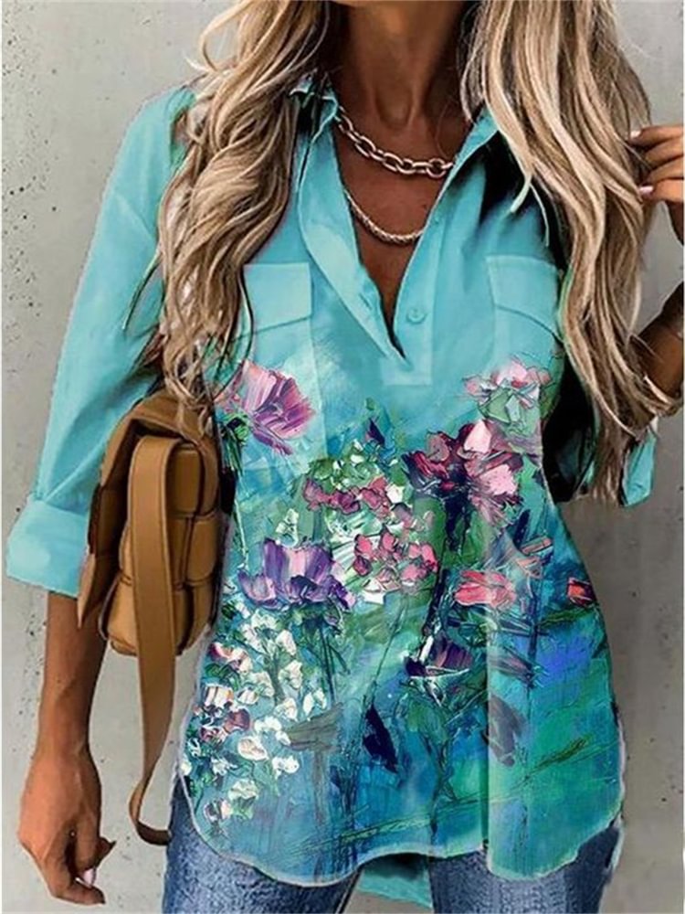 Flowers Oil Painting Button Up Tunic