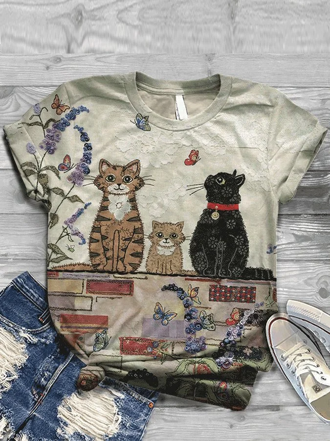 Women's Three Cats Print Crew Neck Short Sleeve Tee Shirt