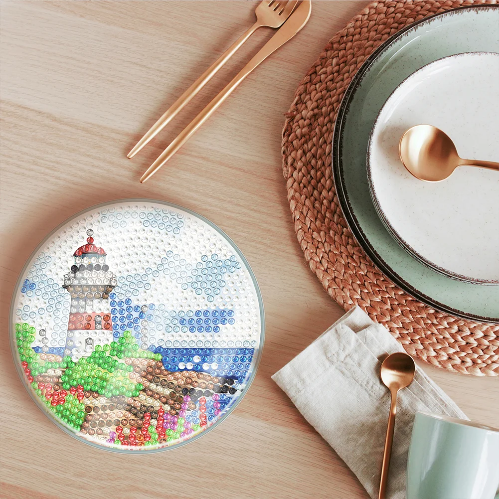 [Upgrade - Waterproof Coaster]6pcs DIY Lighthouse Acrylic Special Shape Diamond Painting Art Coaster Kit with Holder(With Covers)