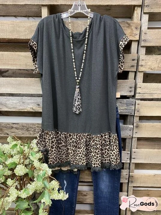Leopard Print Stitching Ruffled Sleeve T-shirt