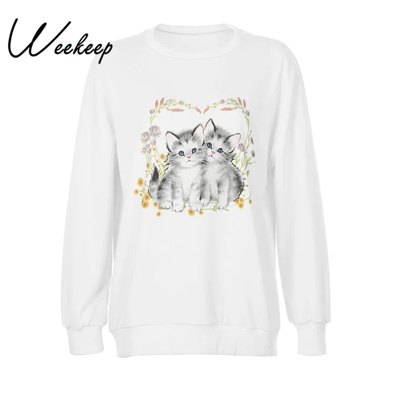 Weekeep Casual Oversized Sweatshirts Women Cute Cat Print Pullover Autumn Long Sleeve Loose Harajuku Streetwear Korean Aesthetic