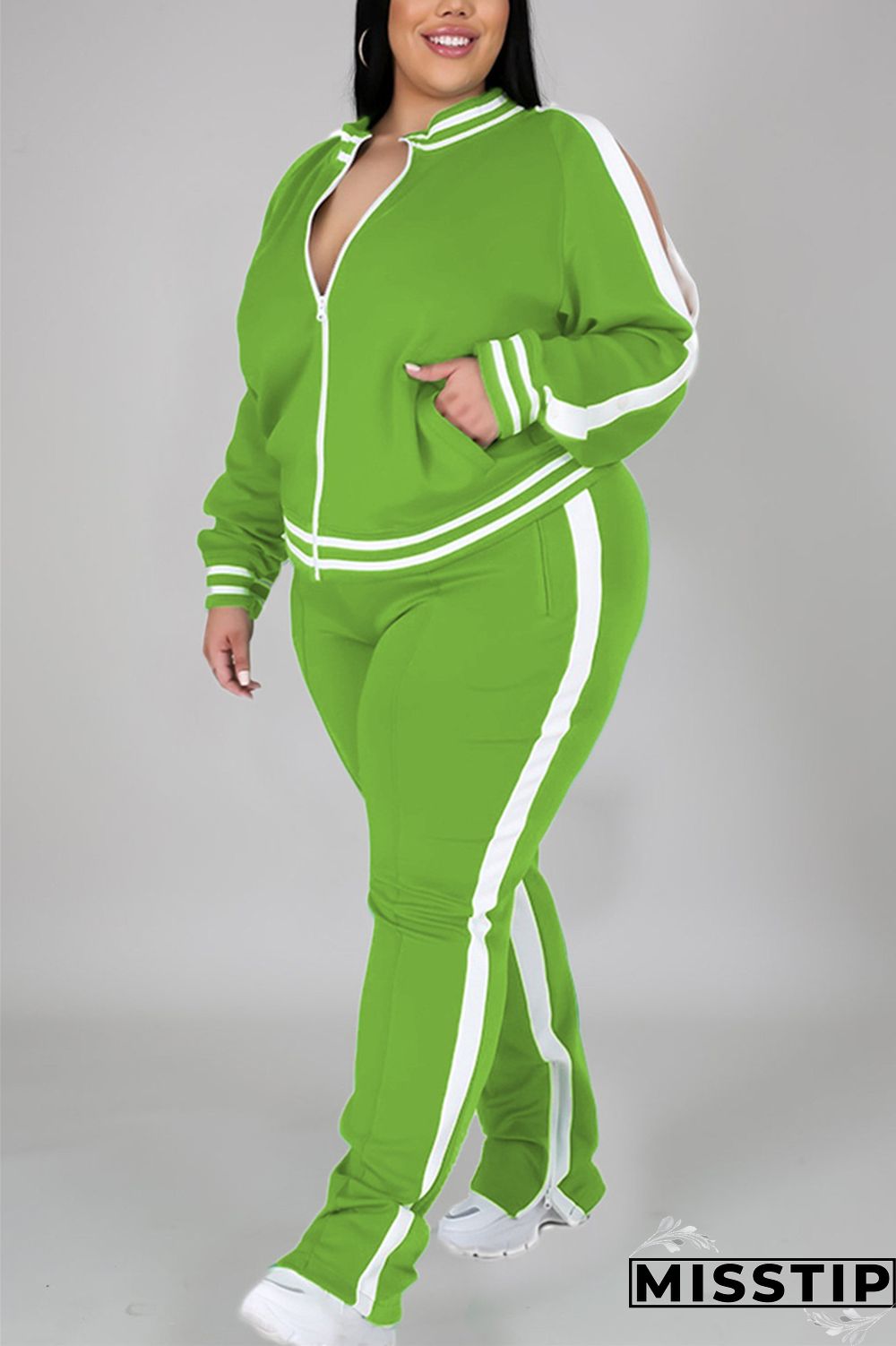 Black Fashion Casual Sportswear Zipper Collar Long Sleeve Regular Sleeve Patchwork Plus Size Set