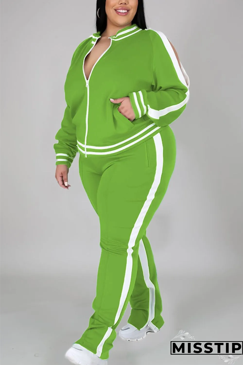 Black Fashion Casual Sportswear Zipper Collar Long Sleeve Regular Sleeve Patchwork Plus Size Set