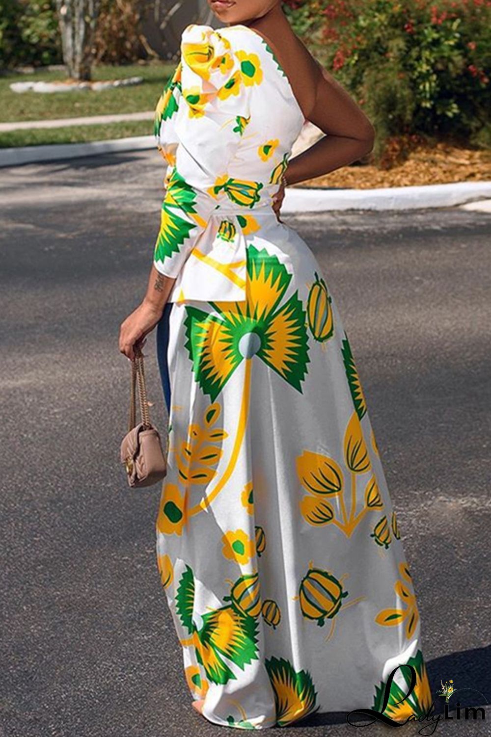 White Fashion Casual Print Backless Asymmetrical Oblique Collar Tops