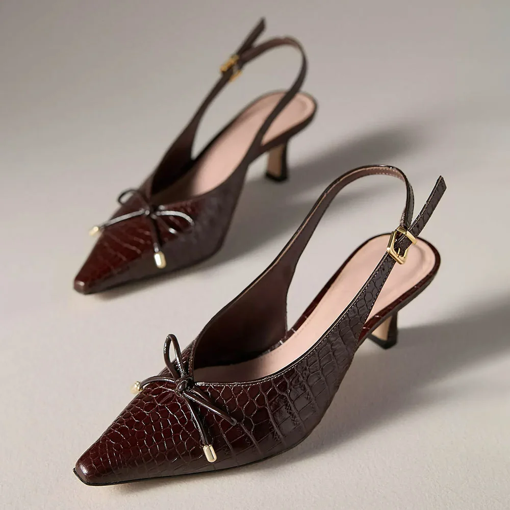 Brown Pointed Toe Croc Embossed Buckle Strap Bow  Slingback Pumps