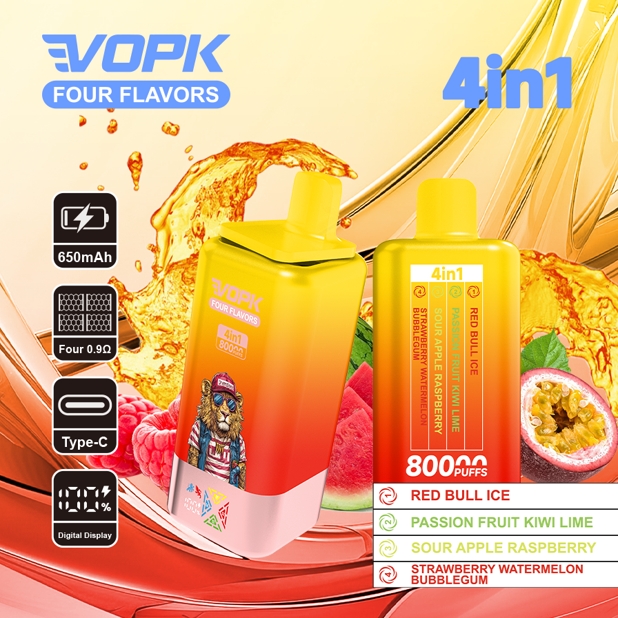 vopk 4 in 1 80k rechargeable disposable vape Strawberry mango & Strawberry kiwi  & Watermelon Dragon Fruit  & Gummy bear