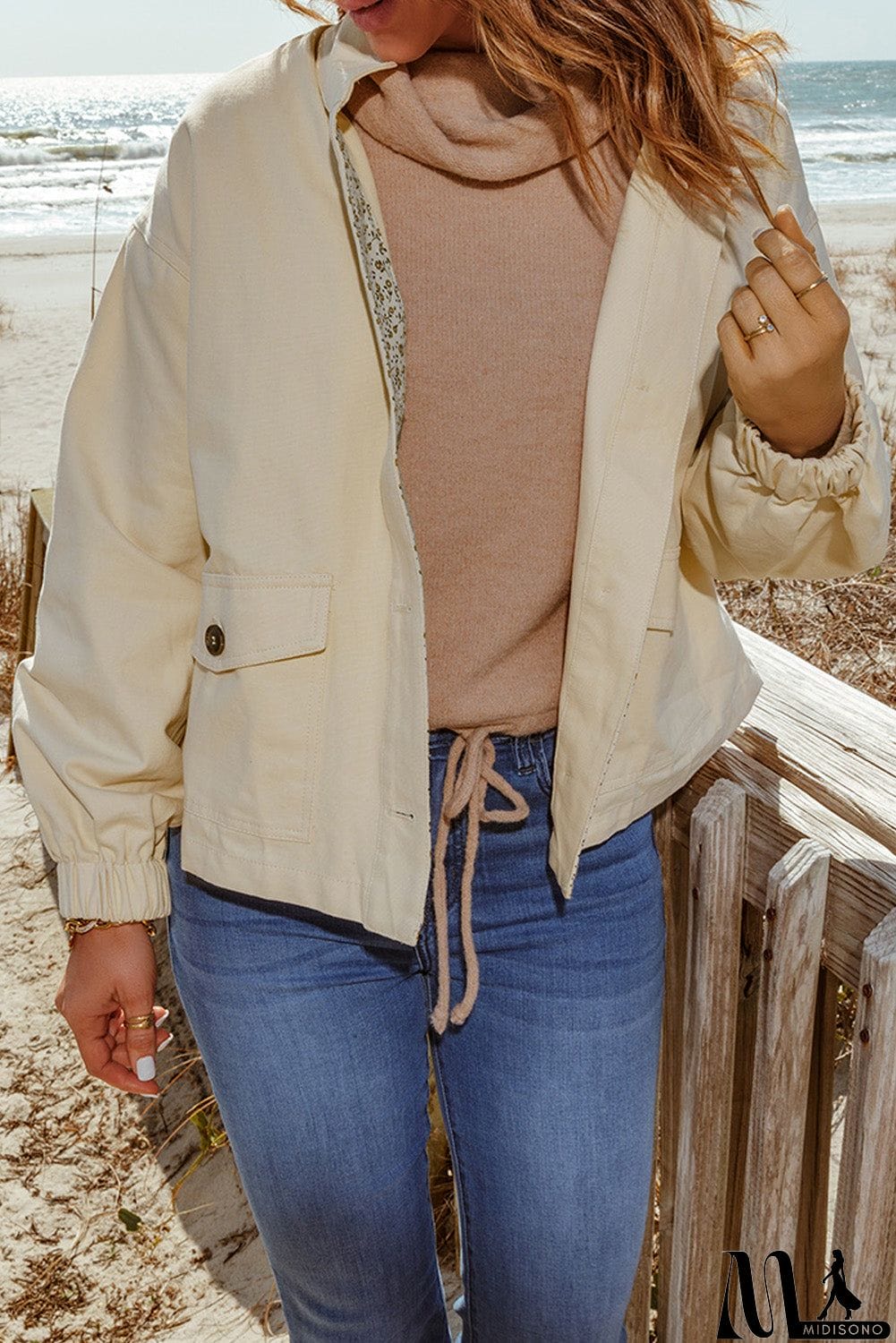 MidiSono - Beige Floral Patchwork Pockets Loose Fit Jacket