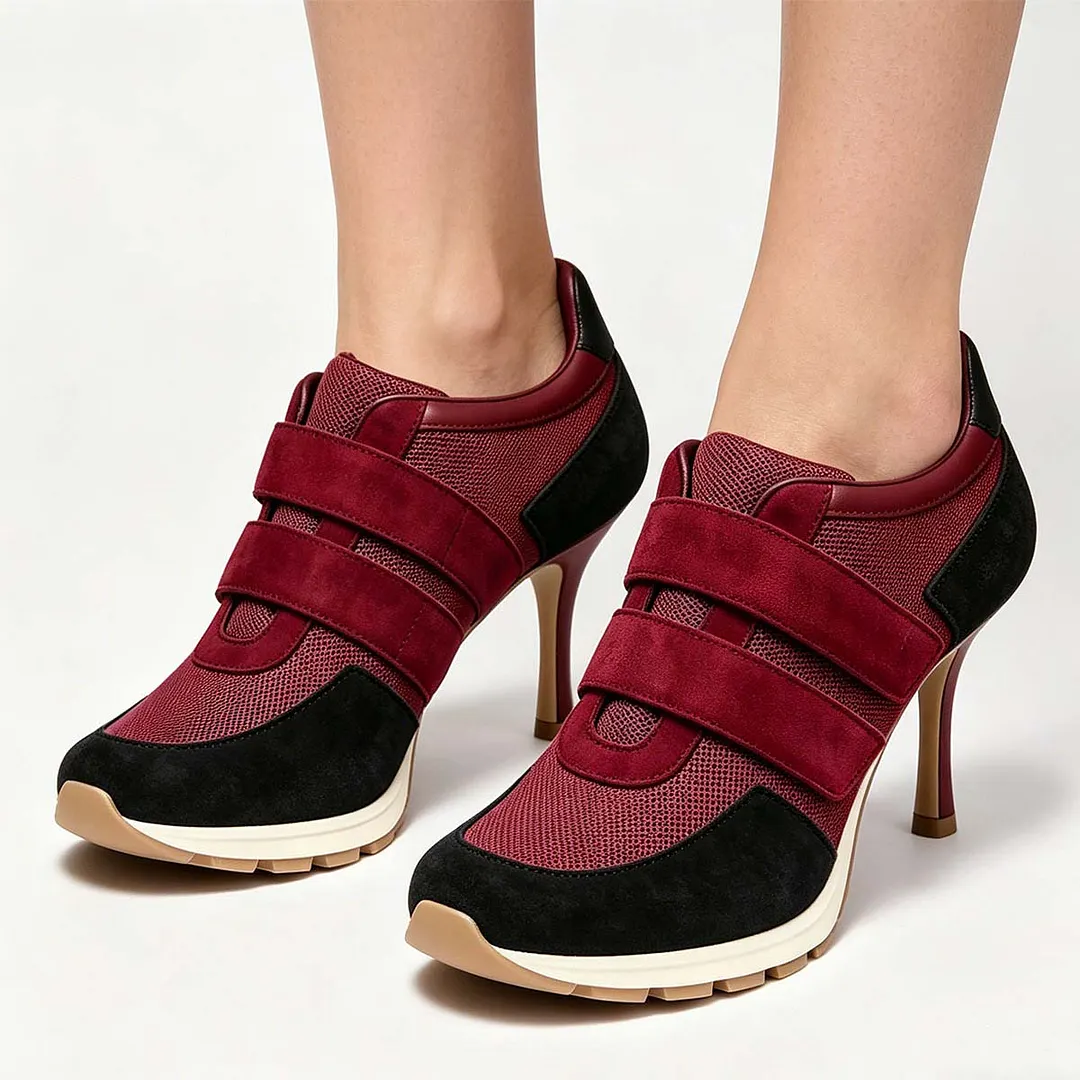 Black and Burgundy Mesh Vegan Suede Closed Toe Stiletto Heel Sneakers