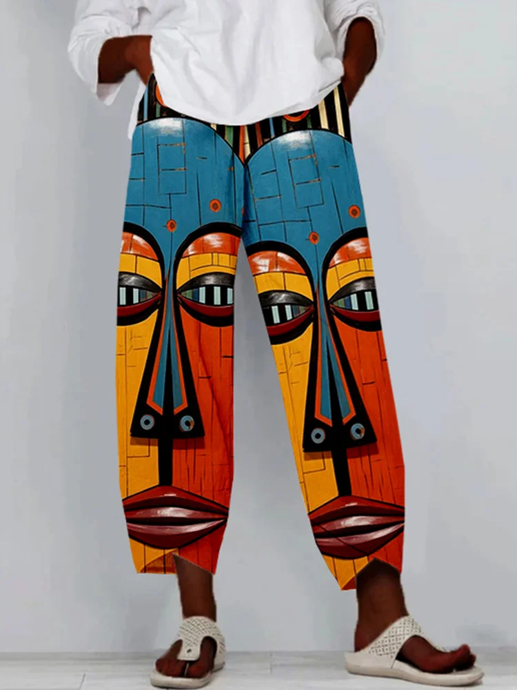 Tribal Mask African Art Print Linen Cropped Pants