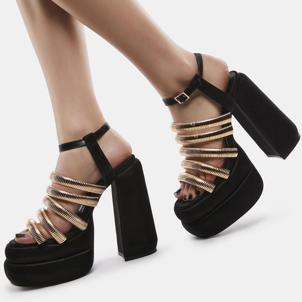 Black Metal Chain Open Toe Chunky Heel Sandals with Platform Nicepairs