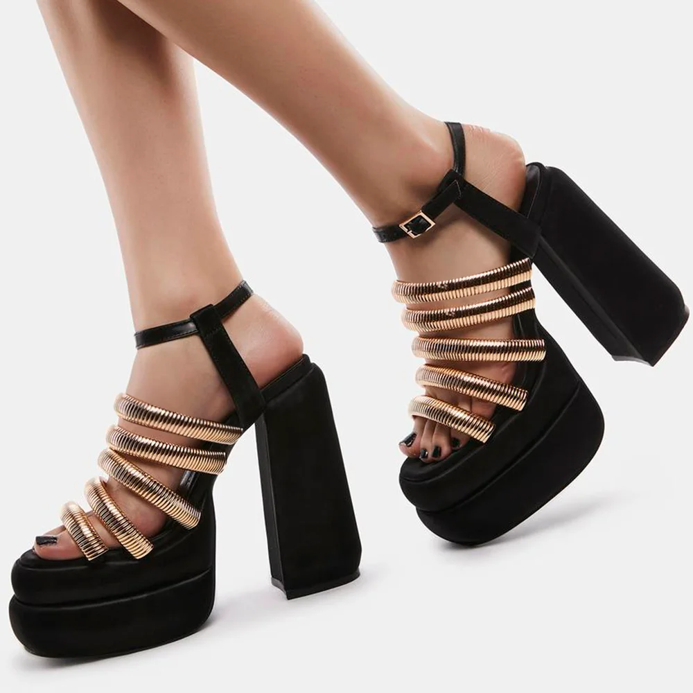 Black Sandals With Platform Metal Chain Chunky Heels Nicepairs