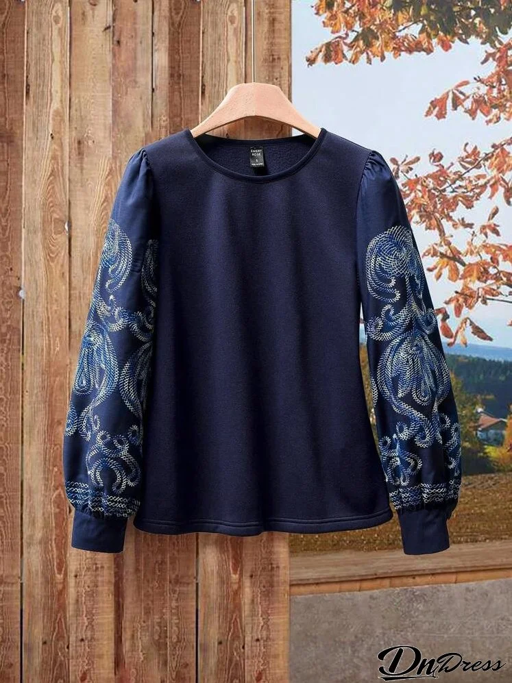 Women's Casual Round Neck Patchwork Printed Long Sleeve Sweatshirt, Autumn