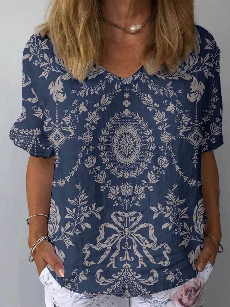 Women's Artistic Floral Pattern Cotton and Linen Short Sleeve Top