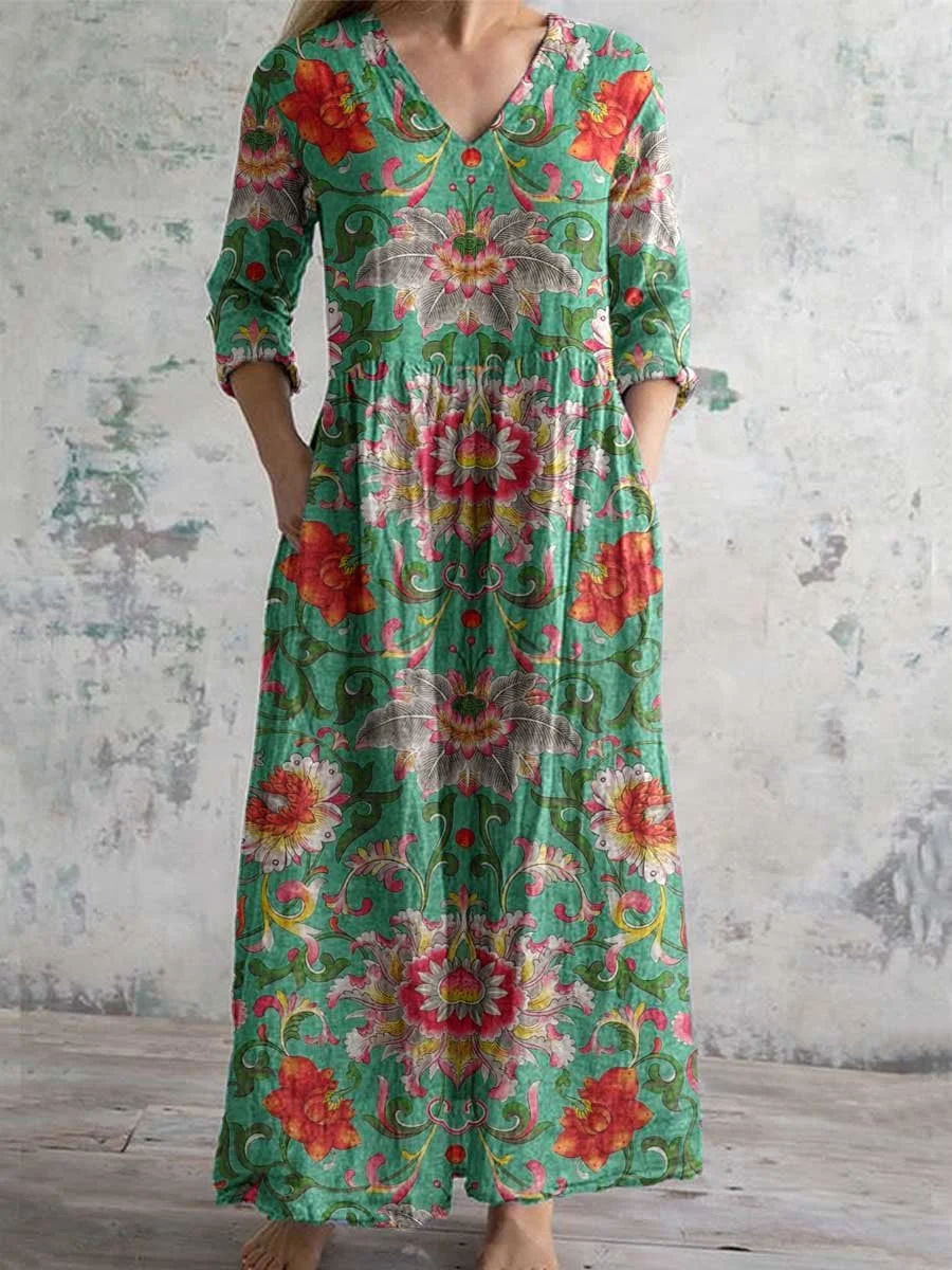 Women's 3/4 Sleeve V-neck Floral Printed Midi Dress