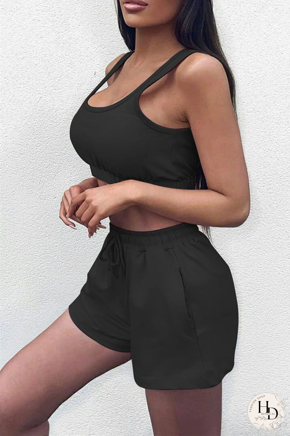 Black Fashion Casual Solid Vests U Neck Sleeveless Two Pieces