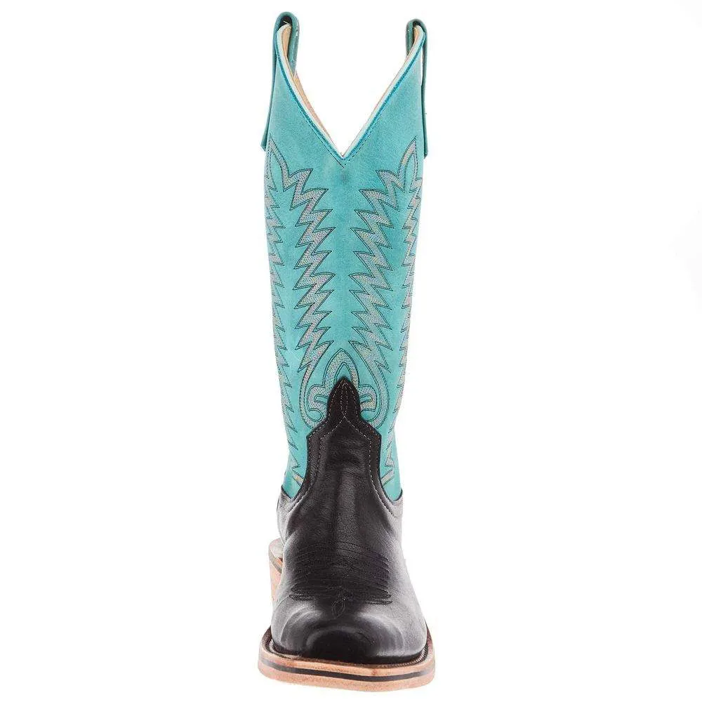 Black & Turquoise Embroidered Square Toe Stacked Heel Cowgirl Boots