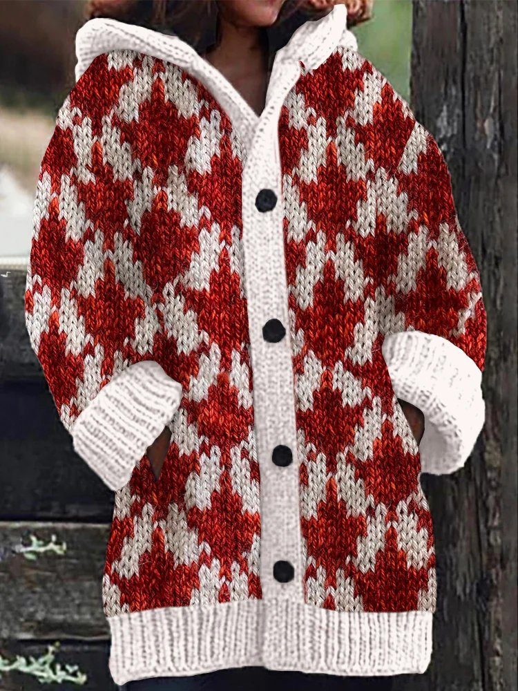 Utbros Vintage Canada Maple Leaf Knit Cozy Hooded Cardigan