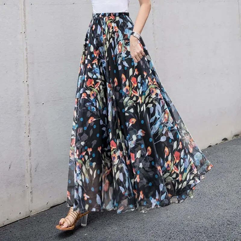 Women Skirts 2019 Summer Mesh Flower Print Elastic Waist Bohemian A-Line Sweet Chiffon Long Female Bottoms Ladies Casual Skirt