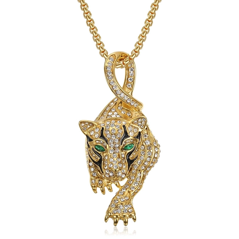 Hip-Hop Jaguar Titanium Steel Enamel Plating Rhinestones 18K Gold Plated Men’s