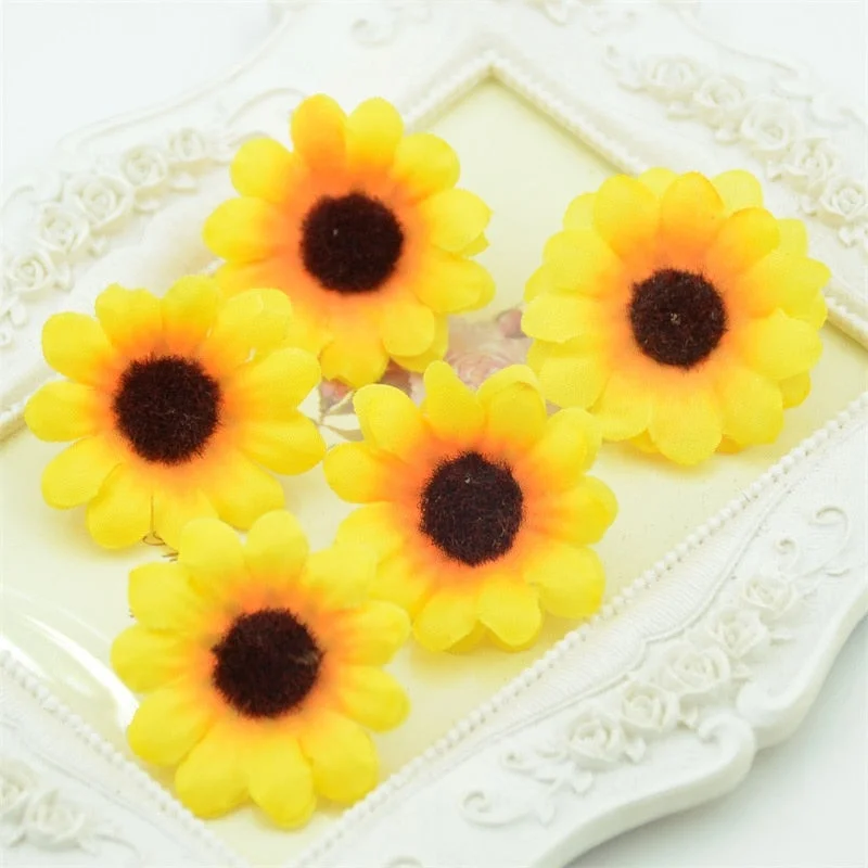 30pcs 4cm Fake flowers Mini Silk Sunflower Artificial Flower Head For Wreath Decoration  Wedding Box Decoration