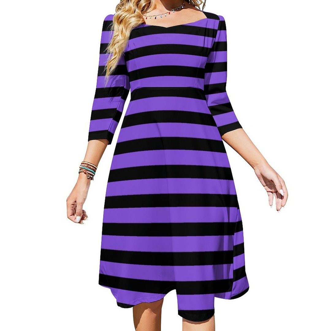 Purple And Black Striped Witch Halloween Dress Sweetheart Tie Back Flared 3/4 Sleeve Midi Dresses