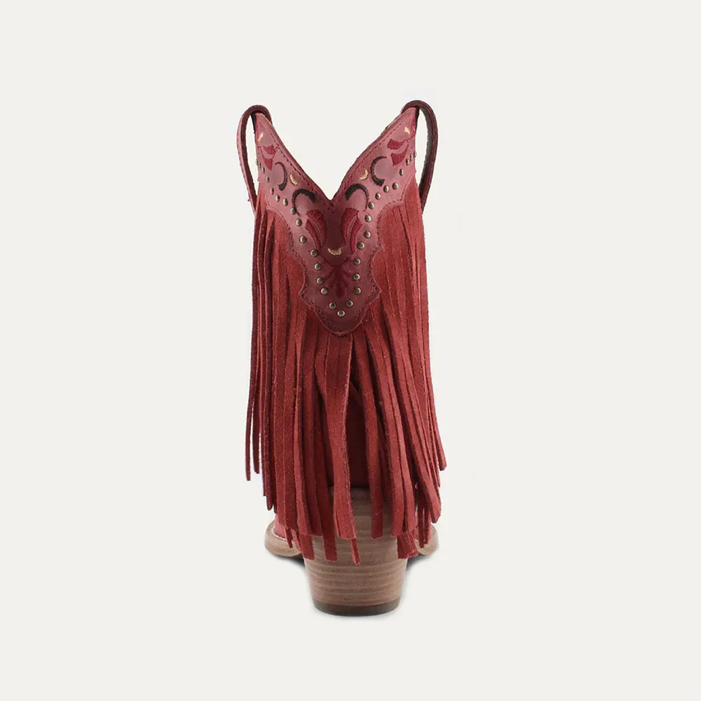 Red Snip Toe Fringe Chunky Heel Embroidered Cowgirl Boots with Studs