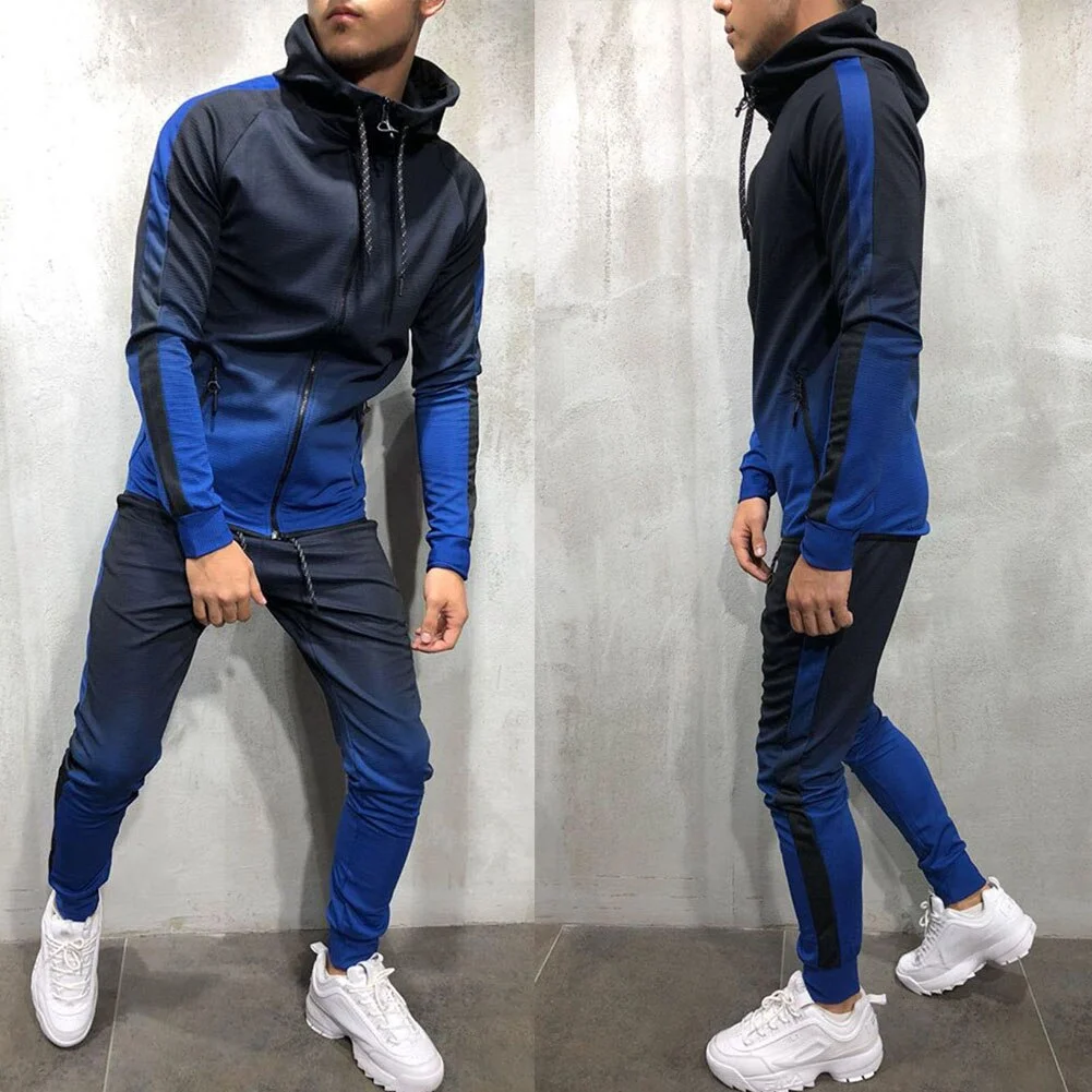 Wongn Men Fall 2pcs Turtleneck Gradual Change Color Tracksuit Set Hoodie Top High Waist Bottoms Joggers Gym Plain Zip Pockets Slim Fit