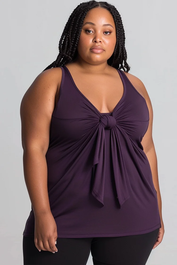Flycurvy Plus Size Everyday Dark Purple Solid Tank Top With Waist Gathered Knot Detail  Flycurvy [product_label]