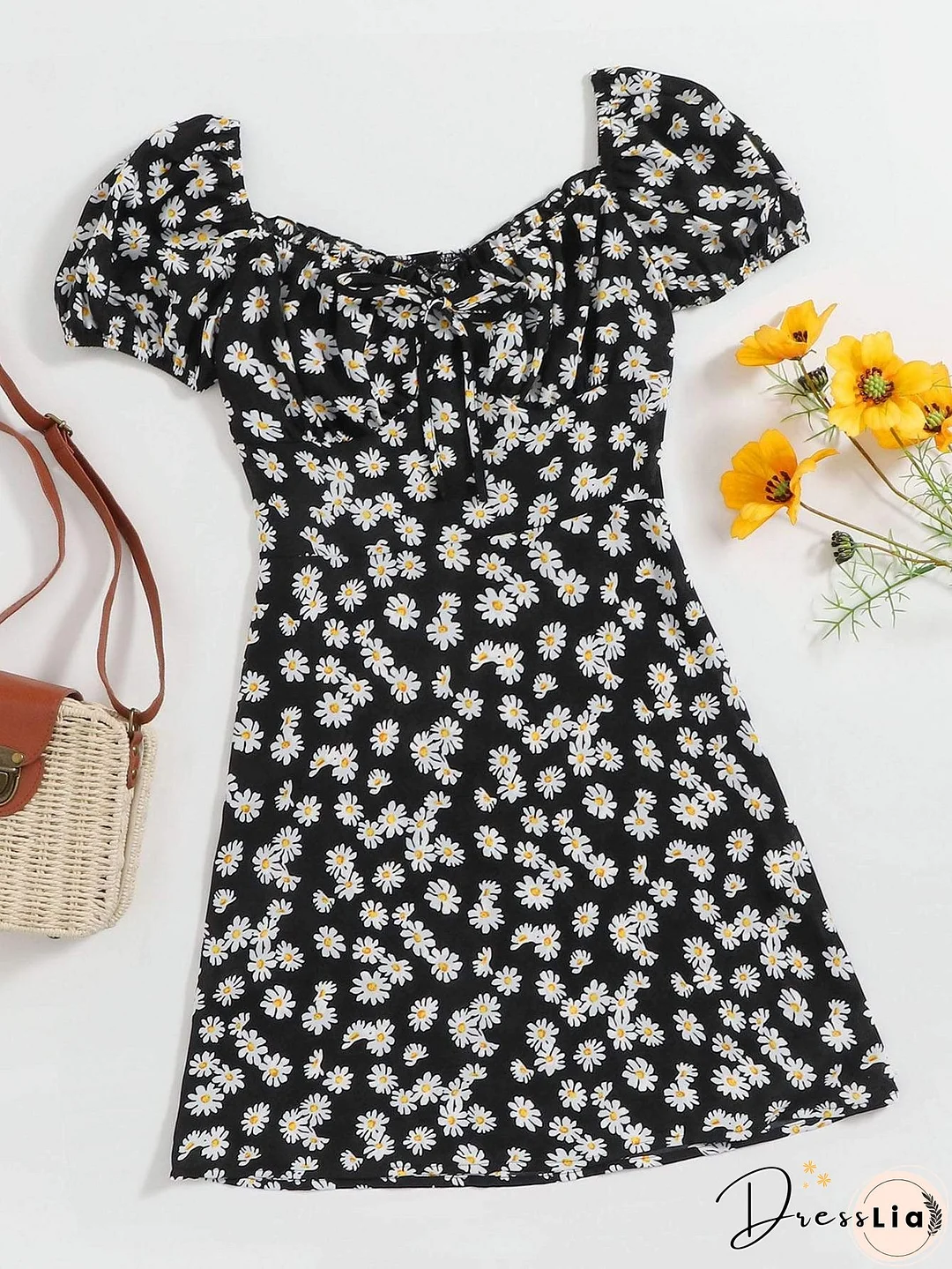 Plus Tie Front Daisy Floral Milkmaid Dress for Women