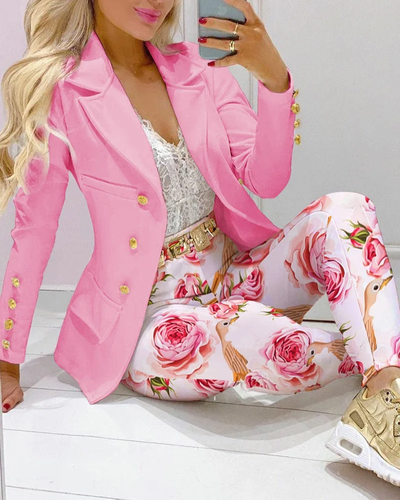 Graduation Gifts Office Ladies Lapel Collar Double Pants Set Lapel Collar Double Breasted Pocket Blazer & Floral Print Tailored Pants Set