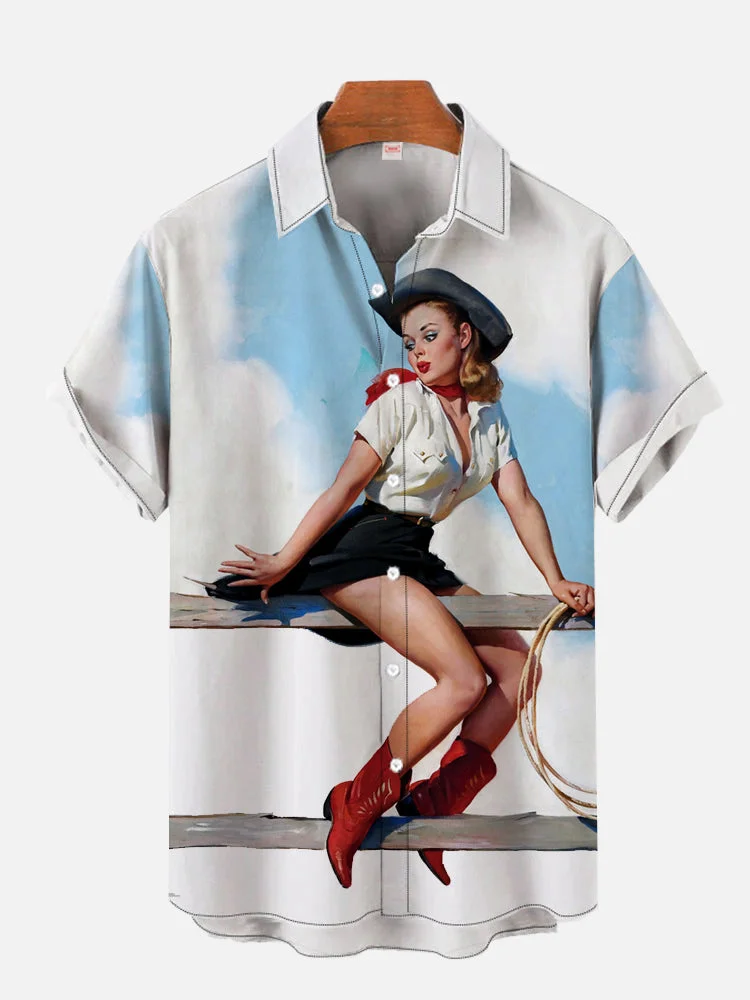 Western Style Sliver Vintage Cowgirl Printing Men's Short Sleeve Shirt