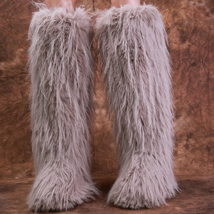 Solid Color Faux Fur Round Toe Pull On Fluffy Knee High Boots