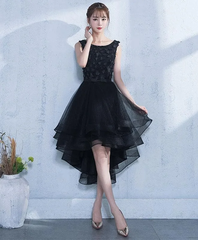Black A-Line Tulle High Low Prom Dress, Black Evening Dress