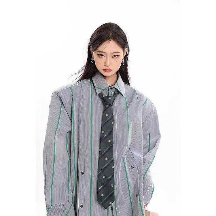 Oversized Lapel Green Striped Shoulder Pads Long Sleeve Slit Hem Shirt 