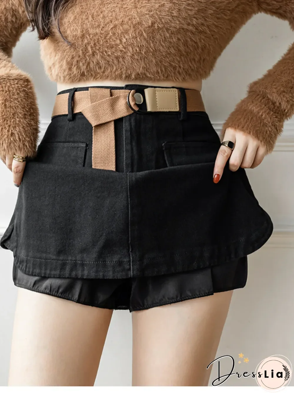 Khaki Mini Skirt With Belt Women Koeren Fashion New A Line Faldas Mujer Harajuku High Waist Slim Fit Bottoms Outwear
