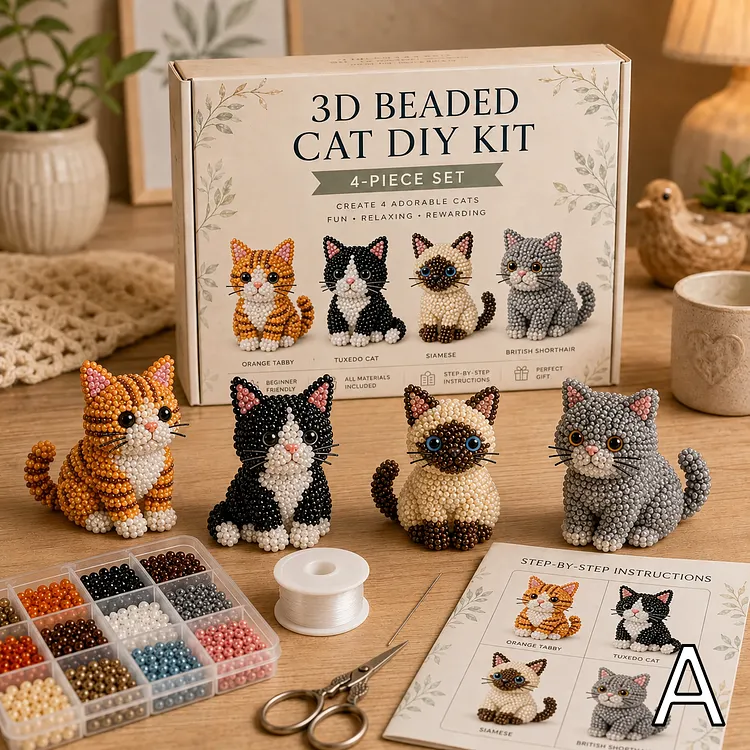 3D Beaded Cat DIY Kit &ndash; Adorable 4-Piece Handmade Cat Craft Set